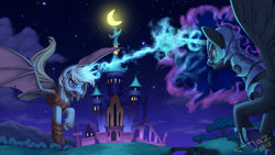 Size: 2500x1407 | Tagged: safe, artist:1jaz, derpibooru import, nightmare moon, oc, oc:night mist, alicorn, bat pony, bat pony alicorn, armor, bat pony oc, blast, castle of the royal pony sisters, duo, female, fight, flying, glowing horn, magic, magic blast, mare, night, scenery