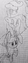 Size: 1649x3622 | Tagged: safe, artist:rainbow eevee, derpibooru import, pinkie pie, scootaloo, twilight sparkle, earth pony, pony, cute, cutealoo, diapinkes, drawing, female, graph paper, lineart, old art, pinkamena diane pie, traditional art, twiabetes