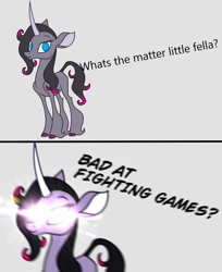 Size: 2444x3000 | Tagged: safe, derpibooru import, edit, oleander, unicorn, them's fightin' herds, caption, community related, glowing eyes, glowing eyes meme, gray background, meme, shitposting, simple background