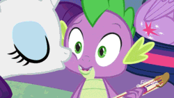 Size: 700x394 | Tagged: safe, derpibooru import, edit, edited screencap, screencap, rarity, spike, twilight sparkle, twilight sparkle (alicorn), alicorn, dragon, pony, unicorn, best gift ever, animated, baby, baby dragon, blushing, cute, duo, eyes closed, fangs, female, folded wings, gif, green eyes, guitar, horn, kiss on the cheek, kissing, kissing on the cheek, loop, looped, male, mare, pillow, raised eyebrow, shipping, shipping fuel, smiling, sparity, spikabetes, straight, strings, twilight's castle, winged spike, wings