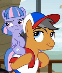 Size: 455x540 | Tagged: safe, screencap, quibble pants, wind sprint, earth pony, pegasus, pony, common ground, cap, clothes, cropped, duo, eyeroll, female, filly, foal, hat, male, piggyback ride, smiling, stallion, wind sprint is not amused, wings