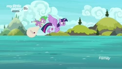 Size: 1920x1080 | Tagged: safe, screencap, spike, twilight sparkle, twilight sparkle (alicorn), alicorn, dragon, pony, the point of no return, bag, flying, ocean, saddle bag, water, winged spike