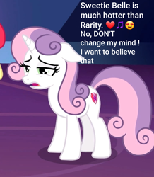 Size: 522x600 | Tagged: safe, edit, edited screencap, screencap, sweetie belle, pony, unicorn, growing up is hard to do, cropped, cute, cutie mark, emoji, female, older, older sweetie belle, pretty, solo focus, text, the cmc's cutie marks