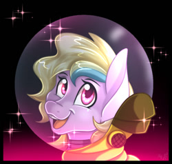 Size: 700x666 | Tagged: safe, artist:derpsonhooves, derpibooru import, part of a set, oc, oc only, oc:puppysmiles, earth pony, pony, fallout equestria, fallout equestria: pink eyes, abstract background, bust, chest fluff, fanfic, fanfic art, female, filly, foal, hazmat suit, open mouth, portrait, scar, solo, teeth