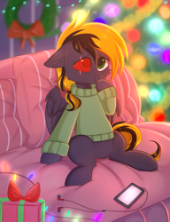Size: 1635x2130 | Tagged: safe, artist:pesty_skillengton, derpibooru import, oc, oc only, oc:shade demonshy, pegasus, pony, christmas, christmas tree, clothes, confused, cute, female, heterochromia, holiday, phone, solo, sweater, tree