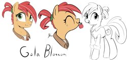 Size: 1231x580 | Tagged: safe, artist:wildrose, artist:wildrosemlp, derpibooru import, oc, oc:gala blossom, earth pony, pony, apple, female, food, green eyes, mare, red mane