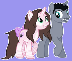 Size: 1024x872 | Tagged: safe, artist:cindydreamlight, oc, oc only, oc:cindy, oc:zac, pony, unicorn, blue background, bow, cinzac, female, lip bite, male, mare, simple background, stallion, tail bow, worried