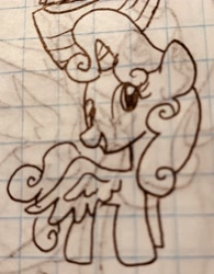 Size: 2023x2596 | Tagged: safe, artist:rainbow eevee, sweetie belle, alicorn, pony, alicornified, drawing, female, graph paper, lineart, old art, race swap, smiling, solo, sweetiecorn, this will end in tears, traditional art