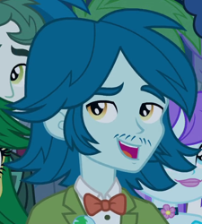 Size: 433x482 | Tagged: safe, screencap, aqua blossom, captain planet, scott green, thunderbass, equestria girls, equestria girls (movie), background human, bowtie, clothes, cropped, dress, fall formal outfits, male, offscreen character, smiling, suit, tuxedo