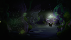 Size: 1440x810 | Tagged: safe, derpibooru import, screencap, granny smith, scare master, darkness, mushroom, rocking chair, spider web, tree roots, tunnel