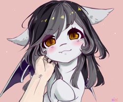 Size: 979x816 | Tagged: safe, artist:aoiyui, oc, bat pony, human, bat pony oc, blushing, cute, cute little fangs, disembodied hand, fangs, hand, looking at you, ocbetes, offscreen character, offscreen human