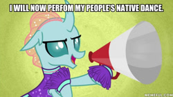 Size: 600x337 | Tagged: safe, edit, edited screencap, screencap, ocellus, changedling, changeling, 2 4 6 greaaat, cheerleader ocellus, cheerleader outfit, clothes, futurama, jurassic bark, megaphone, solo