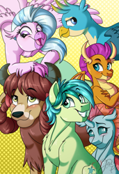 Size: 2393x3500 | Tagged: safe, artist:jack-pie, gallus, ocellus, sandbar, silverstream, smolder, yona, changedling, changeling, dragon, earth pony, griffon, hippogriff, pony, yak, blushing, chest fluff, crossed arms, cute, cutie mark, diaocelles, diastreamies, female, gallabetes, grin, looking at you, male, sandabetes, smiling, smolderbetes, student six, yonadorable