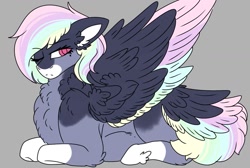 Size: 1091x732 | Tagged: safe, artist:thewolfonthemoon, oc, oc:rainbow quartz, pegasus, pony, colored wings, colored wingtips, female, gray background, magical lesbian spawn, mare, multicolored wings, offspring, parent:limestone pie, parent:rainbow dash, parents:limedash, prone, rainbow wings, simple background, solo, tail feathers, wings