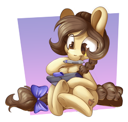 Size: 5423x5209 | Tagged: safe, artist:cutepencilcase, derpibooru import, oc, pony, absurd resolution, bow, braid, chest fluff, commission, drawing, drawing tablet, simple background, stylus, tail bow, transparent background, underhoof