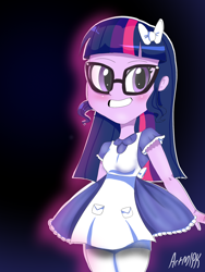 Size: 1800x2400 | Tagged: safe, artist:artmlpk, sci-twi, twilight sparkle, equestria girls, alice in wonderland, alternate hairstyle, big smile, blushing, bow, cute, smiley face, solo, twiabetes