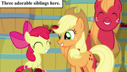 Size: 1280x720 | Tagged: safe, derpibooru import, edit, edited screencap, screencap, apple bloom, applejack, big macintosh, earth pony, pony, going to seed, adorabloom, apple, applejack's hat, barrel, bow, captain obvious, cowboy hat, cute, cutie mark, food, hair bow, hat, horse collar, inset, jackabetes, macabetes, text, the cmc's cutie marks