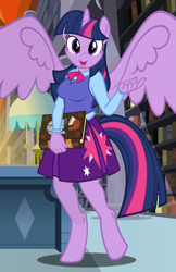 Size: 792x1224 | Tagged: safe, artist:flash equestria photography, derpibooru import, twilight sparkle, twilight sparkle (alicorn), alicorn, anthro, unguligrade anthro, beckoning, book, cutie mark on clothes, equestria girls outfit, female, show accurate, smiling, solo