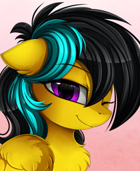 Size: 1446x1764 | Tagged: safe, artist:pridark, derpibooru import, oc, oc only, pegasus, pony, bust, chest fluff, commission, cute, female, floppy ears, looking at you, mare, one eye closed, portrait, purple eyes, smiling, solo, wink