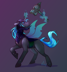 Size: 1280x1364 | Tagged: safe, artist:virley, derpibooru import, oc, oc:kryostasis, changeling, armor, blue changeling, changeling oc, full body, helmet, levitation, magic, male, solo, stallion, telekinesis, war hammer, weapon