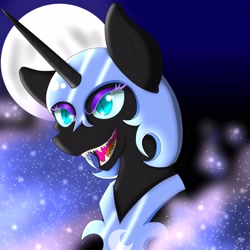 Size: 3000x3000 | Tagged: safe, artist:⭐︎月夜🌙, derpibooru import, nightmare moon, pony, bust, female, high res, mare, moon, open mouth, sharp teeth, solo, teeth