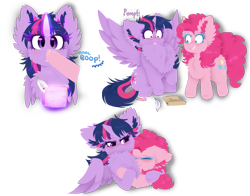 Size: 1009x792 | Tagged: safe, artist:vanillaswirl6, derpibooru import, pinkie pie, twilight sparkle, twilight sparkle (alicorn), alicorn, earth pony, pony, blushing, boop, bust, chest fluff, ear fluff, female, fluffy, implied lesbian, implied shipping, implied twinkie, impossibly large chest fluff, mare, pomf, quill, scroll, simple background, spread wings, transparent background, wingboner, wings