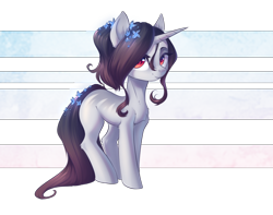 Size: 1222x965 | Tagged: safe, artist:vincher, derpibooru import, oc, oc only, oc:aveline bell, pony, unicorn, abstract background, chest fluff, ear fluff, female, flower, flower in hair, happy, leg fluff, lidded eyes, mare, simple background, solo, standing, transparent background