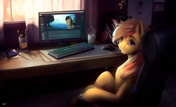 Size: 1600x975 | Tagged: safe, artist:l1nkoln, doctor whooves, oc, pony, commission, computer, computer chair, computer mouse, desk, female, keyboard, looking at you, mare, monitor, mug, paintbrush, sitting, smiling, window