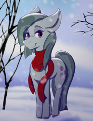 Size: 2975x3850 | Tagged: safe, artist:lula-moonarts, marble pie, earth pony, pony, chest fluff, clothes, colored hooves, cute, female, high res, marblebetes, mare, scarf, snow, snowfall, solo, tree, winter