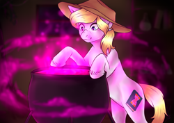 Size: 4093x2894 | Tagged: safe, artist:blackyviktor, derpibooru import, oc, oc:hickory switch, earth pony, pony, blonde mane, blue eyes, cauldron, cowboy hat, cutie mark, hat, magic, male, potion, potion making, stallion, stetson, white pony, witchcraft, ych result