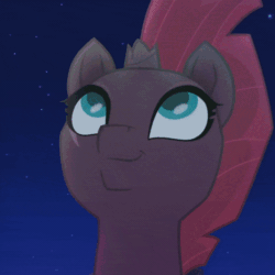 Size: 600x600 | Tagged: safe, screencap, tempest shadow, my little pony: the movie, broken horn, bust, cropped, cute, horn, night, portrait, smiling, solo, tempestbetes, when she smiles