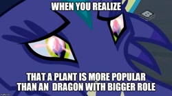 Size: 888x499 | Tagged: safe, edit, edited screencap, screencap, gaius (dragon), dragon, a horse shoe-in, the hearth's warming club, bloodstone scepter, boomerang (tv channel), caption, image macro, male, meme, sad, text, trap