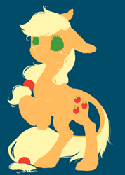 Size: 355x500 | Tagged: safe, artist:blueamaryllis, derpibooru import, part of a set, applejack, earth pony, pony, blue background, cutie mark, ear fluff, female, floppy ears, hatless, mare, missing accessory, no pupils, rearing, simple background, solo