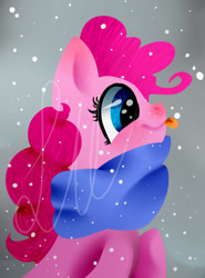 Size: 884x1192 | Tagged: safe, artist:lucinda250, derpibooru import, pinkie pie, earth pony, pony, bust, catching snowflakes, clothes, female, looking at something, mare, profile, scarf, snow, solo, tongue out, watermark