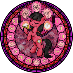 Size: 1024x1024 | Tagged: safe, artist:akili-amethyst, derpibooru import, oc, oc:bookmark act, oc:macdolia, oc:spirit fields, oc:wind art, earth pony, pony, unicorn, dive to the heart, engine, food, glasses, kingdom hearts, muffin, pigtails, pocket watch, roman numerals, stained glass