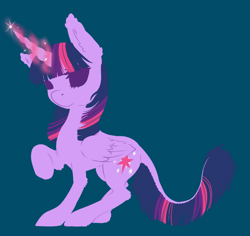 Size: 548x517 | Tagged: safe, artist:blueamaryllis, part of a set, twilight sparkle, twilight sparkle (alicorn), alicorn, pony, blue background, curved horn, cutie mark, ear fluff, female, glowing horn, horn, leonine tail, mare, no pupils, raised hoof, simple background, solo