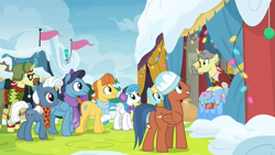 Size: 1920x1080 | Tagged: safe, derpibooru import, screencap, clean sweep, flam, flim, heart pacer, helia, lightning bolt, love sketch, warm front, white lightning, earth pony, pegasus, pony, unicorn, best gift ever, background pony, christmas, christmas lights, christmas sweater, clothes, cute, discovery family logo, disguise, facial hair, fake moustache, female, fire, flim flam brothers, grin, happy, hat, holiday, looking up, male, mare, moustache, neckerchief, pants, rainbow falls (location), scarf, smiling, snow, squee, stallion, sweater, unnamed pony, ushanka, vendor stall, wide eyes, wig