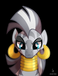 Size: 1010x1320 | Tagged: safe, artist:zidanemina, edit, zecora, zebra, the cutie pox, black background, looking at you, simple background, solo