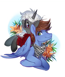 Size: 1280x1509 | Tagged: safe, artist:aphphphphp, oc, pegasus, pony, unicorn, blushing, duo, flower