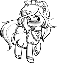 Size: 789x863 | Tagged: safe, artist:secret-pony, derpibooru import, oc, oc only, pony, unicorn, blushing, bow, buck legacy, card art, choker, clothes, female, garters, grayscale, jewelry, looking at you, maid, maid headdress, mare, monochrome, necklace, simple background, solo, transparent background