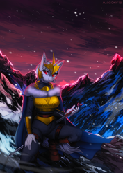 Size: 1000x1415 | Tagged: safe, artist:margony, derpibooru import, oc, oc only, oc:altima, anthro, anthro oc, armor, commission, female, mare, smiling, solo, sword, weapon