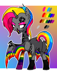 Size: 1018x1317 | Tagged: safe, artist:anyazen, oc, oc only, oc:armoma rox, alicorn, demon, demon pony, original species, pony, unicorn, alicorn oc, bat wings, bedroom eyes, boots, butt, choker, clothes, ear piercing, earring, edgy, eyebrow piercing, eyeshadow, featureless crotch, female, horn, horn ring, jewelry, makeup, mare, pansexual, piercing, plot, pride, pride month, rainbow socks, reference sheet, scene kid, shoes, socks, solo, spiked choker, striped socks, tattoo, tongue out, tongue piercing, wings