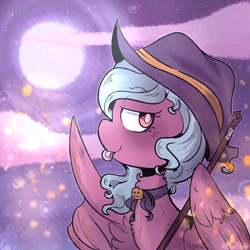 Size: 1024x1024 | Tagged: safe, artist:urbanqhoul, derpibooru import, oc, oc only, pegasus, pony, clothes, cloud, commission, female, halloween, hat, holiday, looking at you, mare, moon, pointing, pumpkin, silly, solo, stick, tongue out