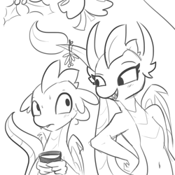 Size: 1280x1280 | Tagged: safe, artist:tjpones, derpibooru import, smolder, spike, dragon, belly button, dragoness, female, male, mistletoe, monochrome, older, shipping, sketch, smiling, spolder, straight