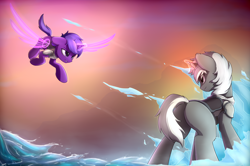 Size: 4436x2947 | Tagged: safe, artist:avastin4, derpibooru import, oc, oc only, pony, unicorn, armor, artificial wings, augmented, butt, fanfic art, flying, ice magic, magic, magic wings, plot, water magic, wings
