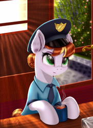 Size: 4550x6300 | Tagged: safe, artist:darksly, copper top, earth pony, pony, absurd resolution, cafe, commission, cup, cute, door, drink, female, mare, police officer, reward, sitting, smiling, solo, table
