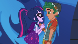 Size: 1280x720 | Tagged: safe, derpibooru import, screencap, sci-twi, timber spruce, twilight sparkle, better together, equestria girls, star crossed, bag, clothes, female, holding hands, male, ponytail, shipping, skirt, smiling, straight, timbertwi, vest