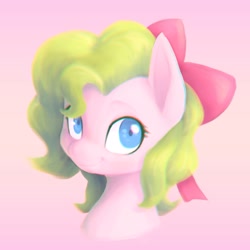 Size: 1521x1521 | Tagged: safe, artist:stardep, derpibooru import, oc, oc only, pony, bow, cute, hair bow, looking at you, pink background, simple background, smiling, solo