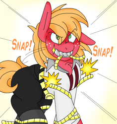 Size: 1420x1503 | Tagged: safe, artist:blackbewhite2k7, big macintosh, earth pony, pony, biting, crossover, escape, eye clipping through hair, james bond, jaws (james bond), male, metal, onomatopoeia, parody, rope, solo, stallion, teeth