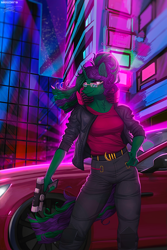 Size: 800x1200 | Tagged: safe, artist:margony, artist:orfartina, oc, oc only, oc:buggy code, anthro, collaboration, anthro oc, car, city, clothes, cyberpunk, night, pants, solo, stars, vehicle, ych result